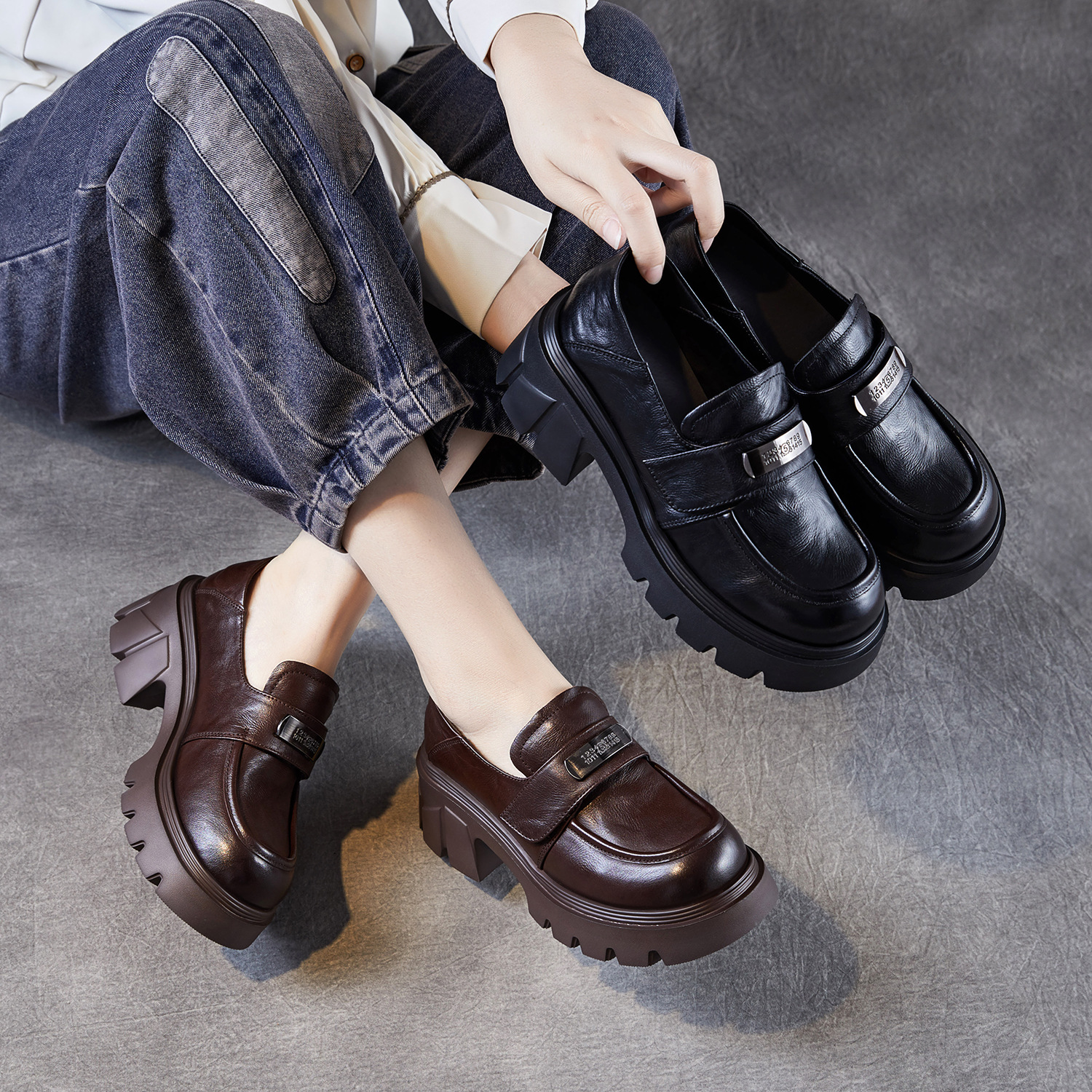 【老龙原创】头层牛皮厚底乐福鞋女2025秋季新百搭休闲金属扣小皮鞋