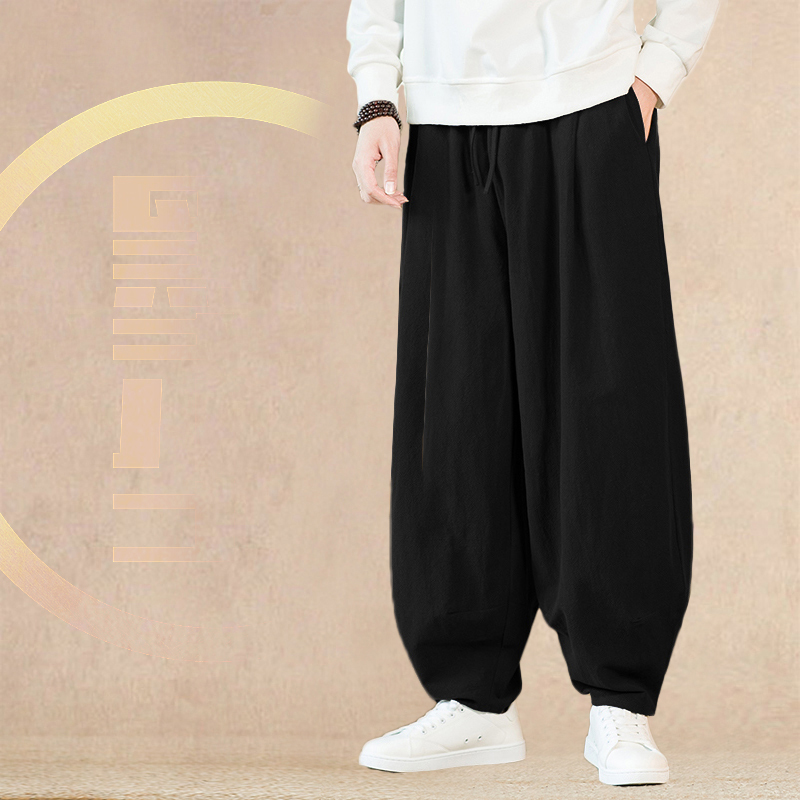 春秋新中式亚麻休闲灯笼裤中国风男士棉麻太极阔腿裤汉服道服长裤