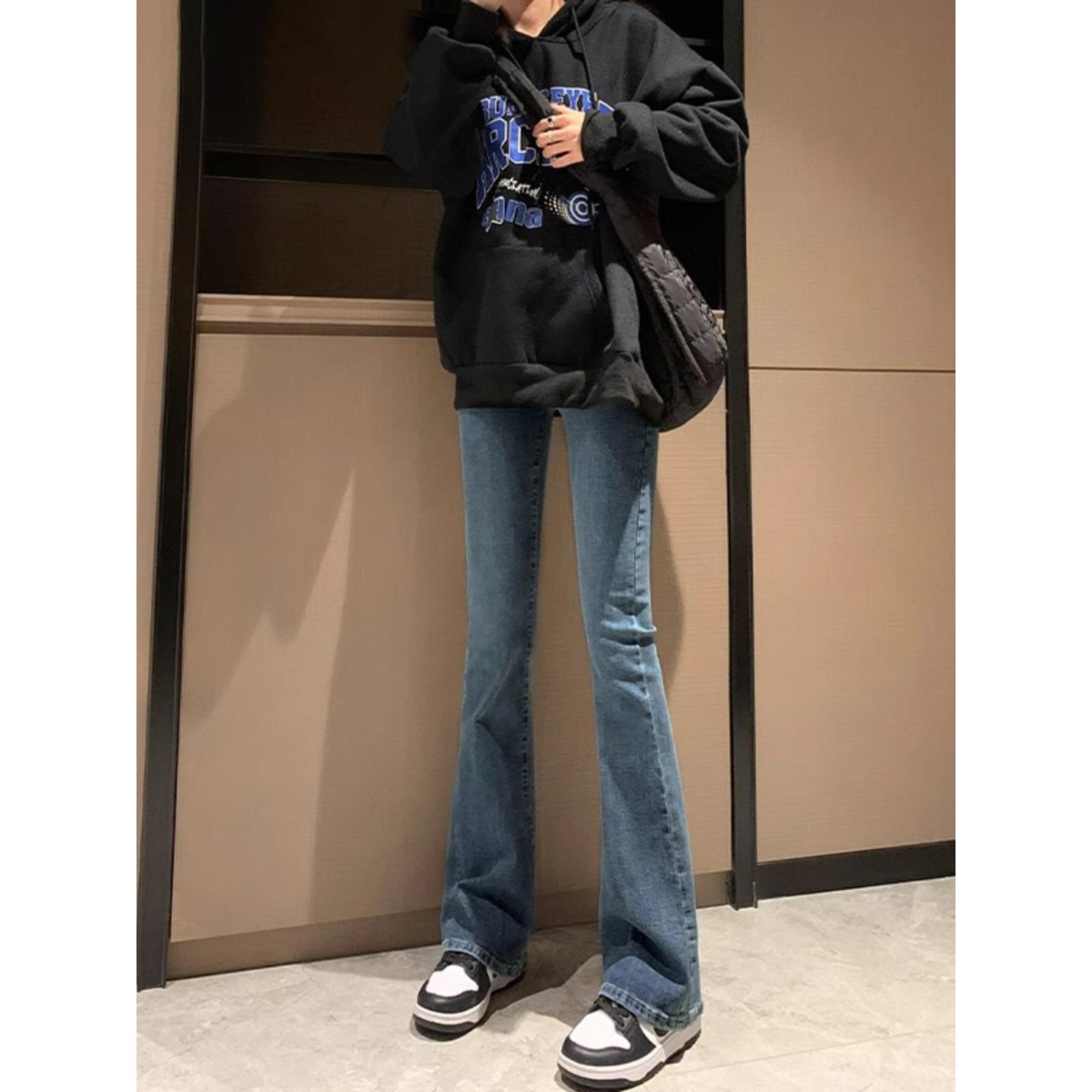 复古蓝微喇牛仔裤女2025秋冬高腰弹力加绒设计感小个子显瘦马蹄裤