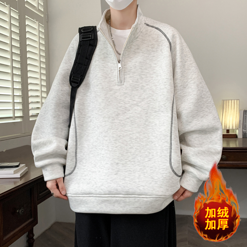 加绒加厚秋冬季新款休闲简约半高领套头卫衣美式男生帅气保暖上衣