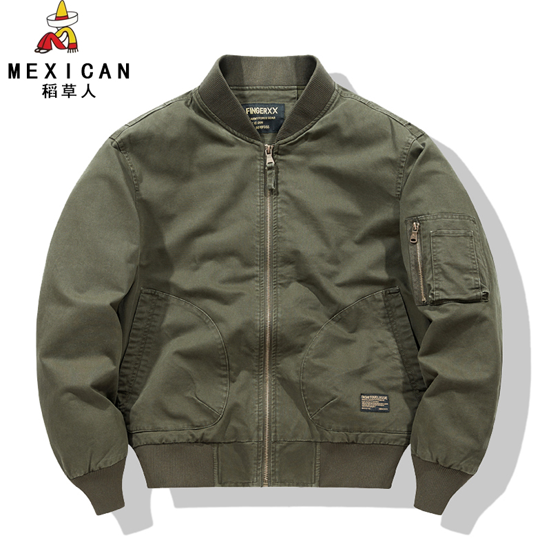 稻草人春秋季宽松潮流夹克男士工装军绿色棒球领户外休闲百搭外套