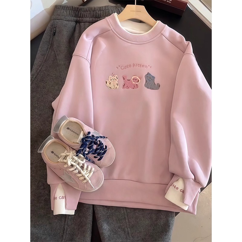 女童加绒卫衣秋冬款2025新款儿童假两件上衣韩版女大童加厚打底衫