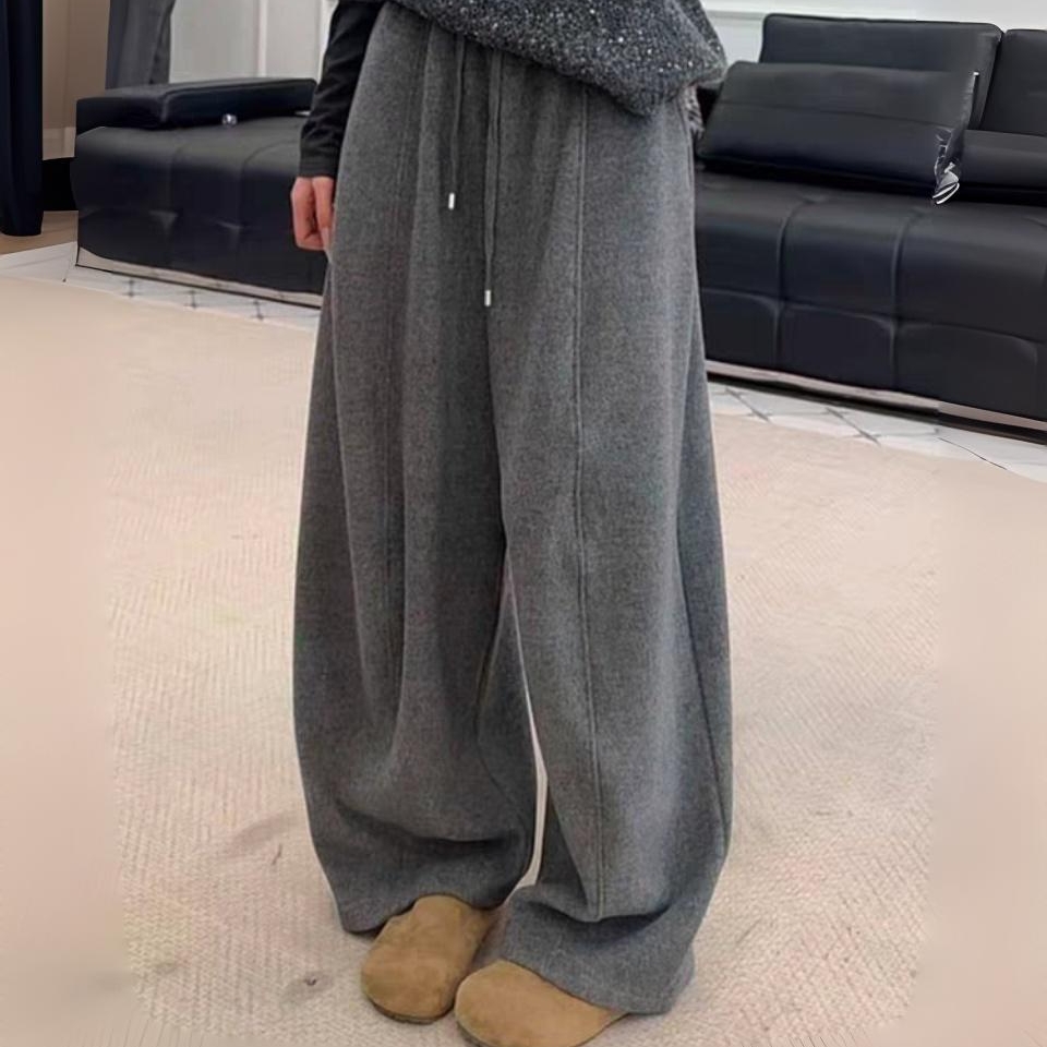 松紧腰抽绳弯刀呢子长裤拖地裤女2025冬季新款加绒毛呢直筒阔腿裤