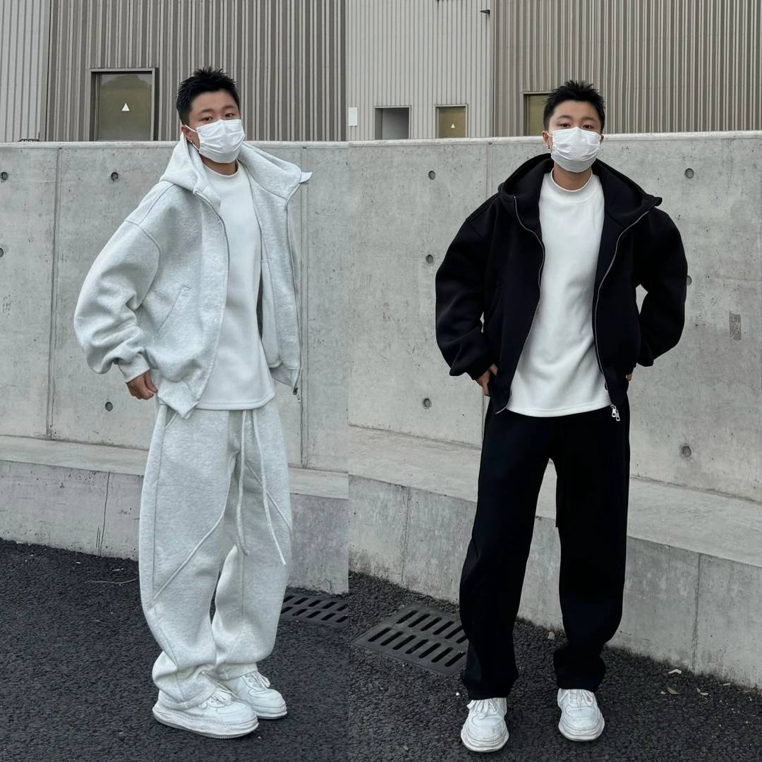 美式简约重磅连帽卫衣开衫男潮流阔版系带休闲裤宽松两件休闲套装