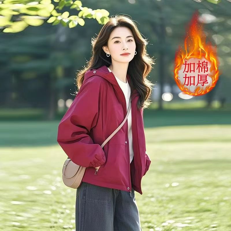 【加棉加厚】简约通勤加厚短外套韩版短款女连帽春秋时尚薄款上衣