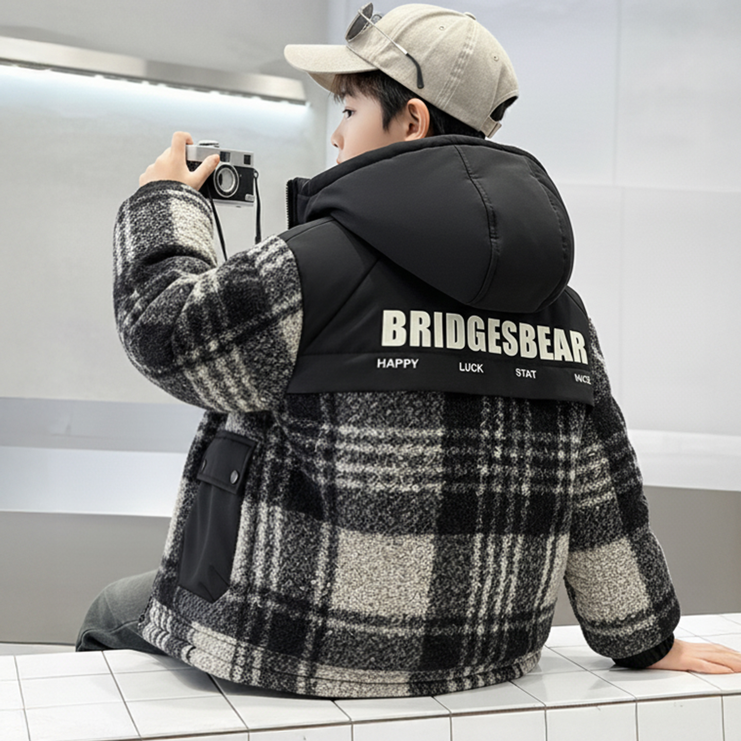 男童冬装连帽加厚外套2025男孩中大儿童拼接格子保暖毛毛衣棉服潮