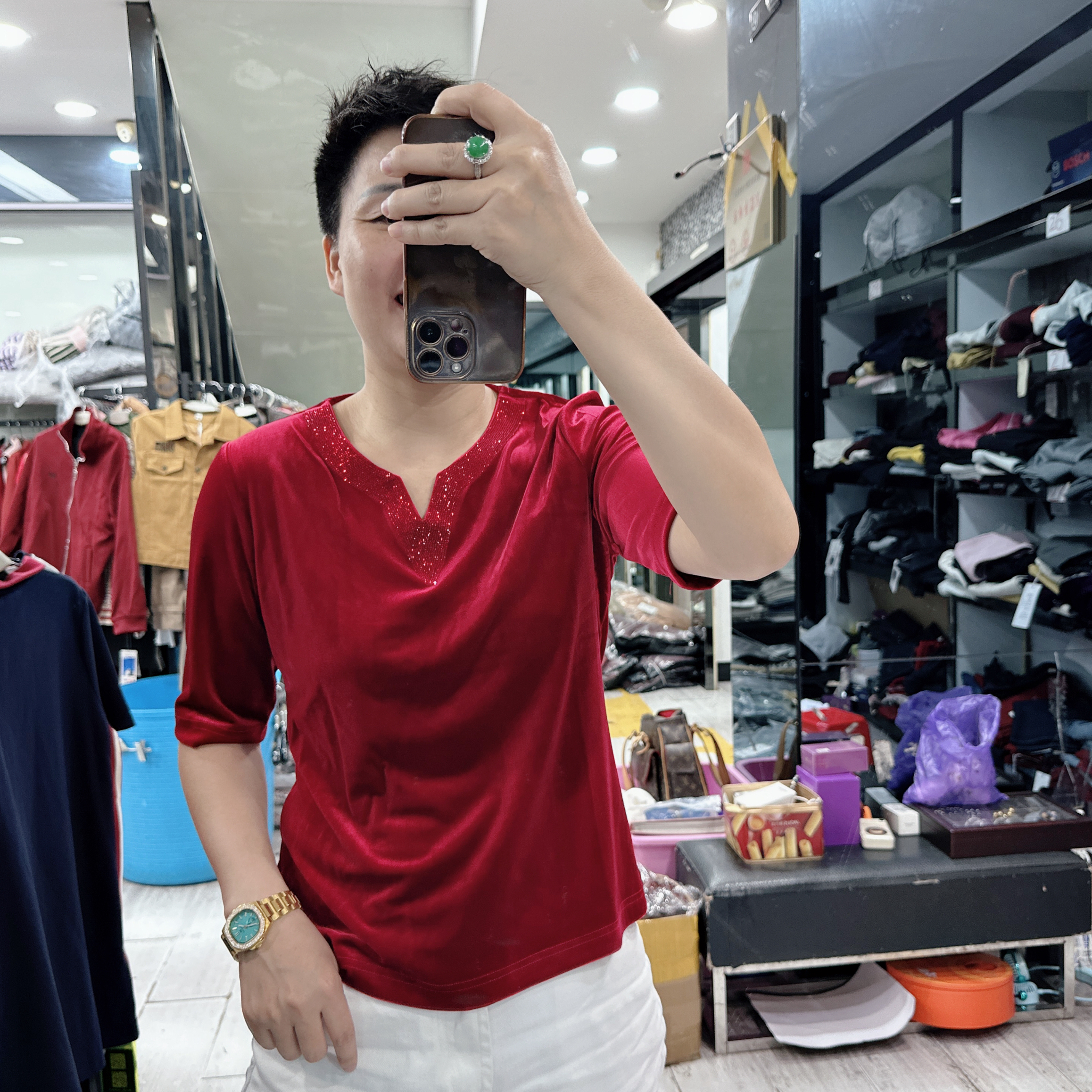 韩货新款3色高档丝绒小V领上衣9943品
