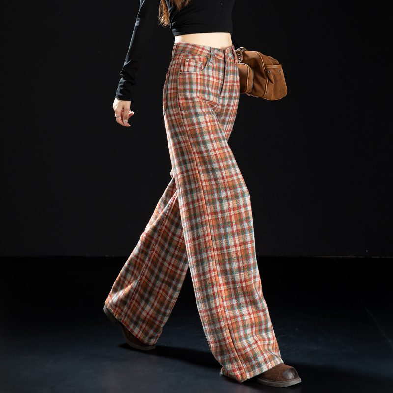 2025新款潮牌女装直筒格子裤秋冬季休闲裤加绒裤子羊毛毛呢阔腿裤