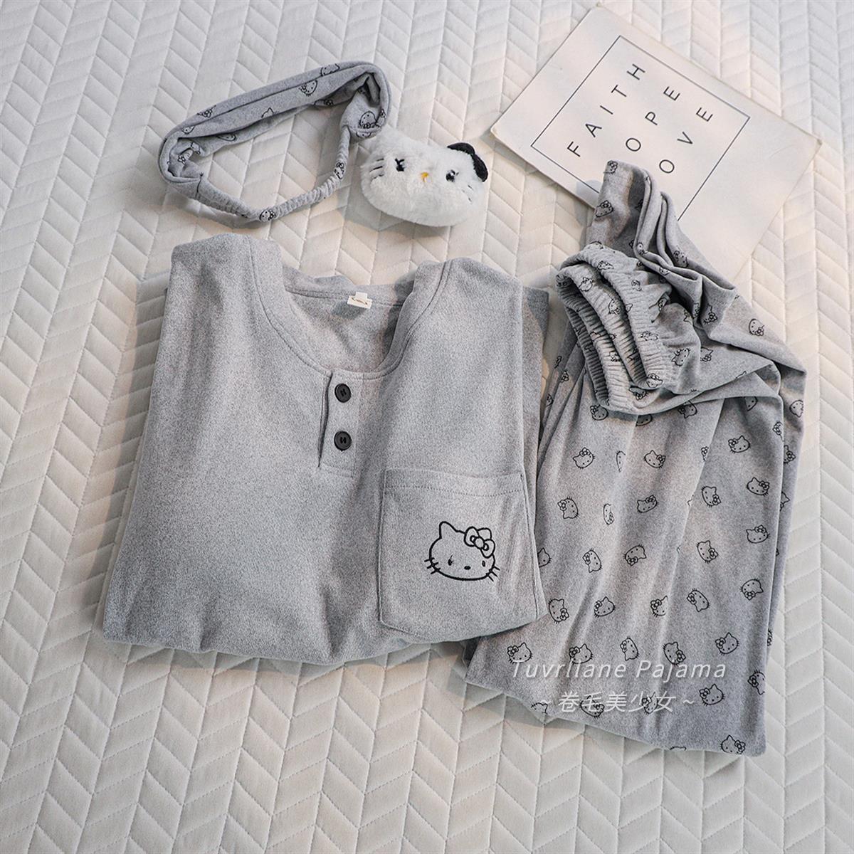 双面德绒长袖睡衣女2025秋冬新款带胸垫可外穿保暖卡通KT猫家居服