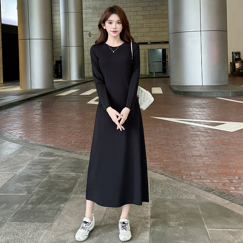 女生韩系ins衣服宽松休闲显瘦长款打底气质连衣裙百搭老钱风女装