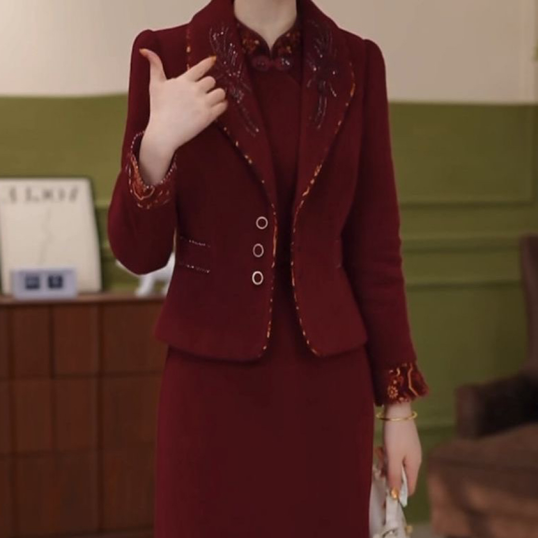 高档贵妃绒新中式婚宴喜宴裙子套装2025冬季新款遮肚两件套连衣裙