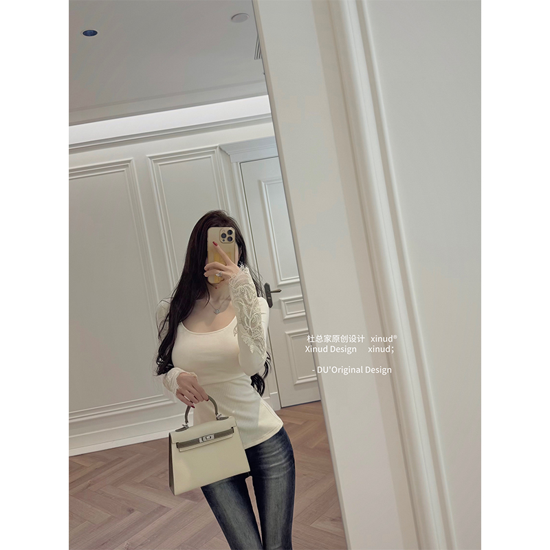 杜总家 貌美天菜*原创秋冬松弛感U领蕾丝袖女收腰显身材长袖上衣