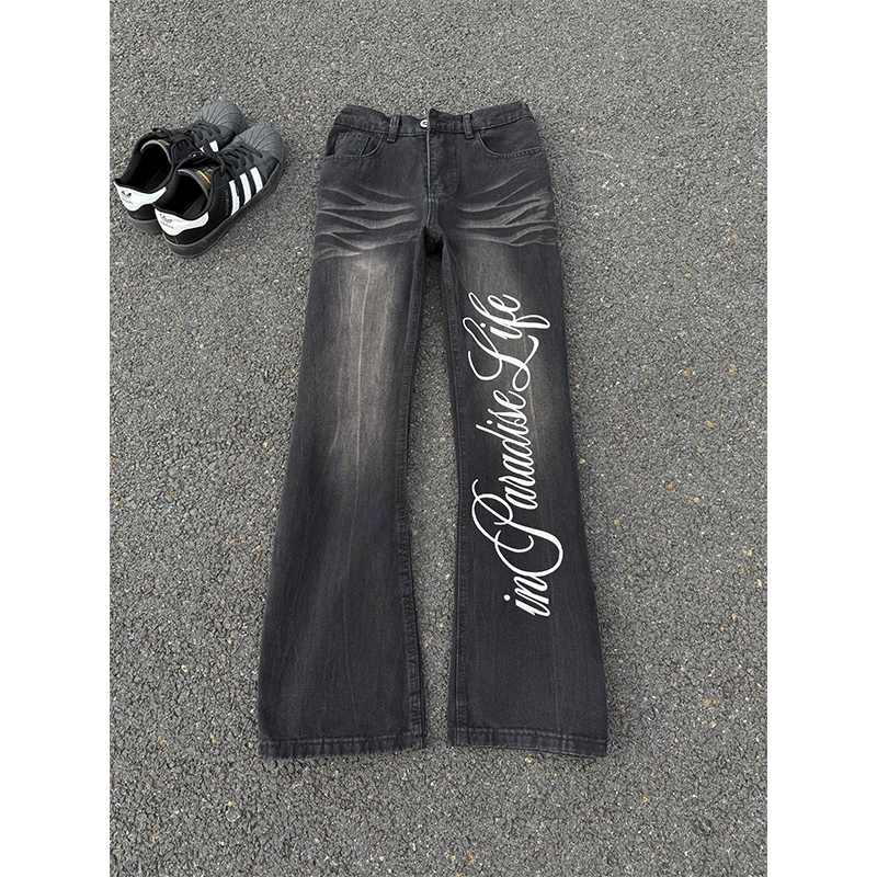 黑色闪电纹字母印花牛仔裤男款美式高街vibe裤子直筒修身微喇长裤