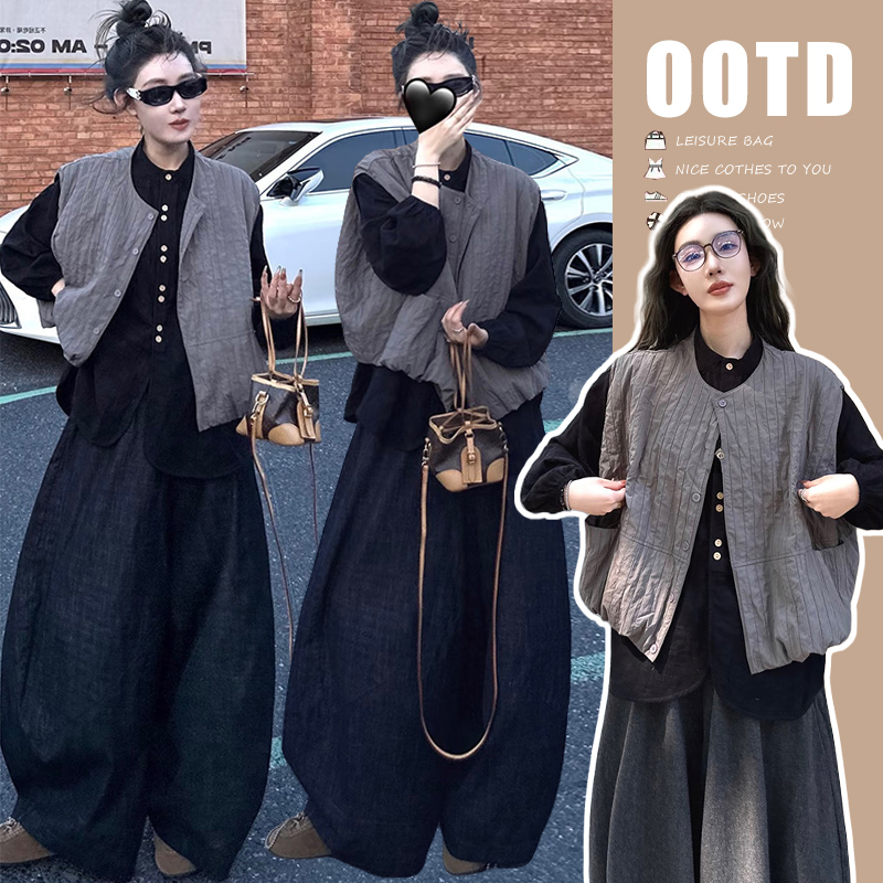 孕妇装春秋装慵懒气质风加厚衬衫花苞马甲外套上衣牛仔裤三件套装