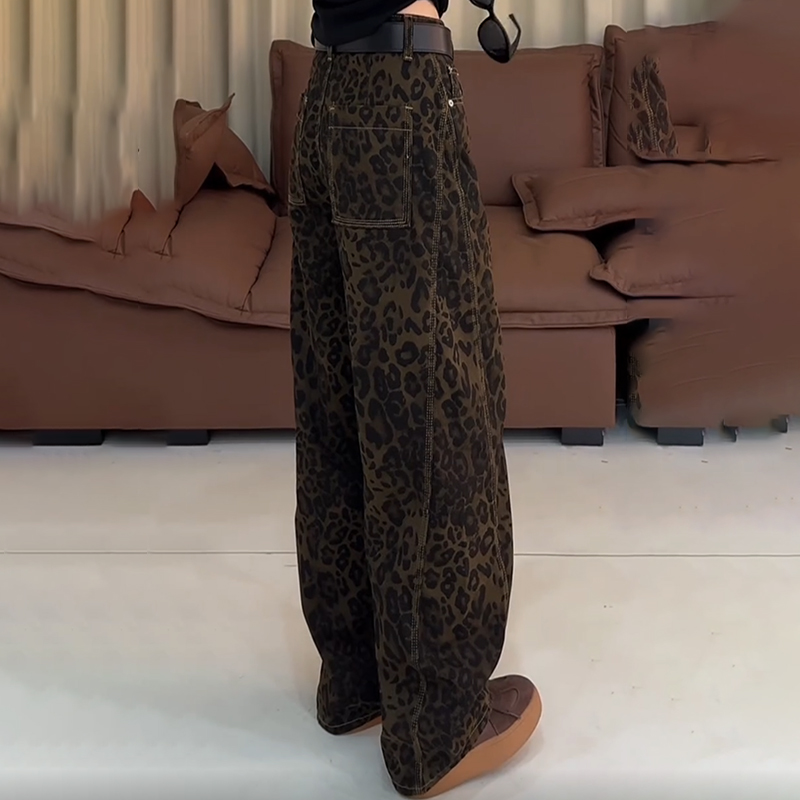 美式直筒豹纹加厚弯刀牛仔裤女潮ins洋气时尚显瘦高腰宽松阔腿裤