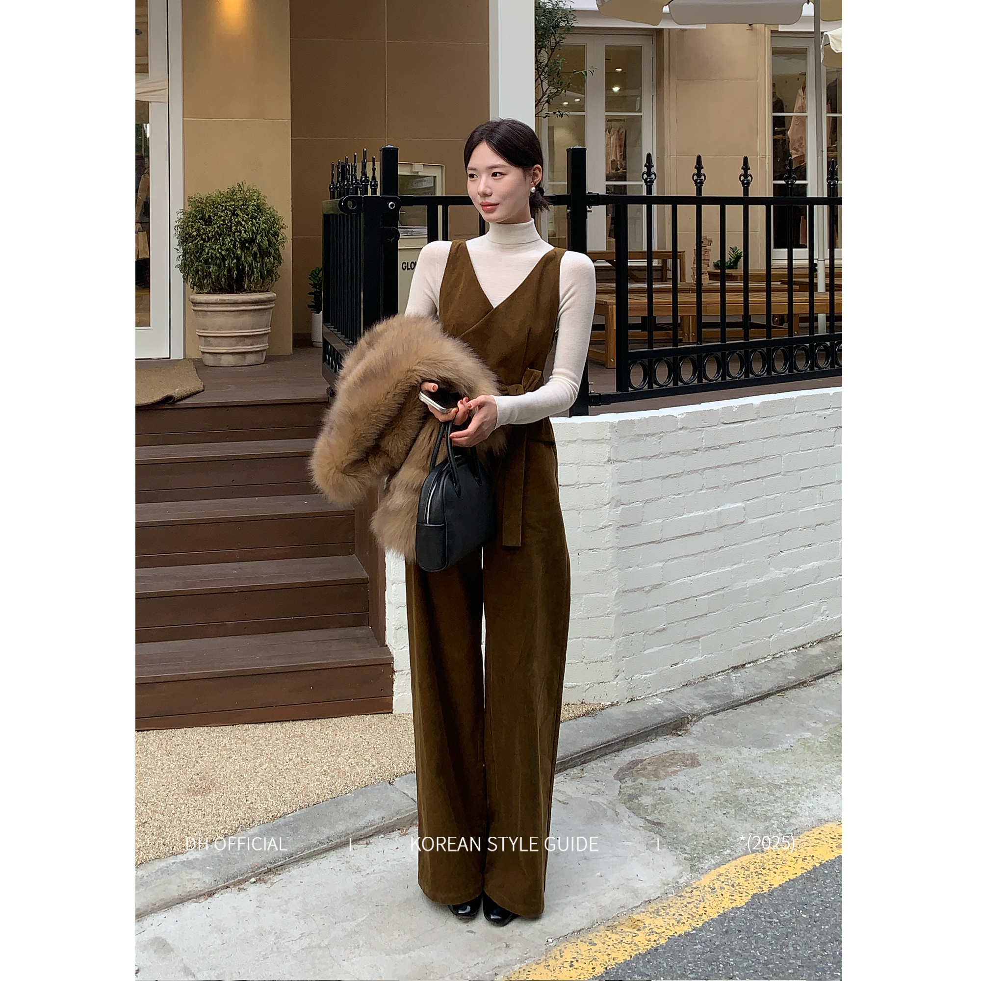 DH 大花【首尔老钱 Seoul】100%棉灯芯绒V领收腰高腰显瘦直筒连体裤