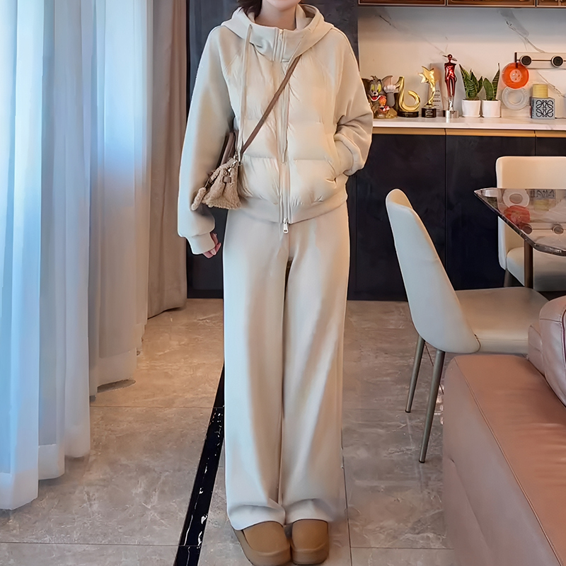 2025冬季新款女士蓝色减龄立领卫衣休闲阔腿直筒裤加绒两件套潮