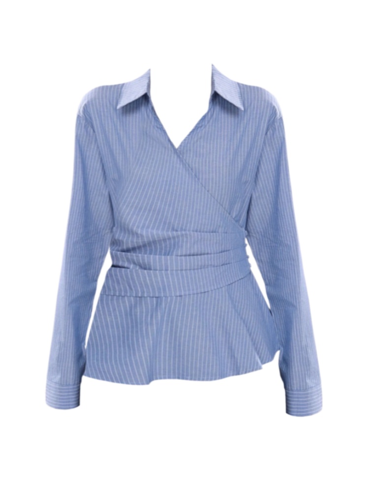 Amy家 微胖mm设计感侧边系扣收腰交叉条纹衬衫女秋季别致显瘦上衣