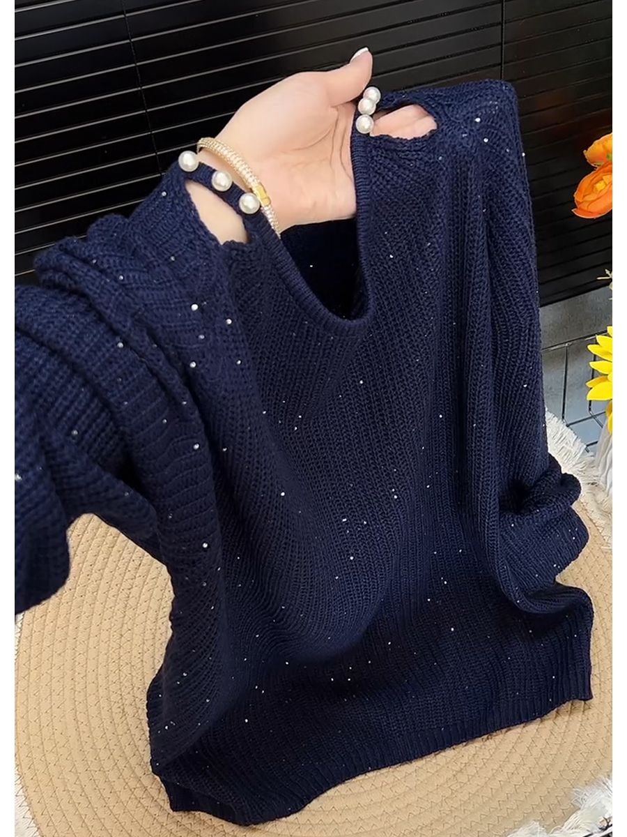 韩版时尚气质百搭简约高级感藏蓝色针织衫女2025早秋重工钉珠毛衣