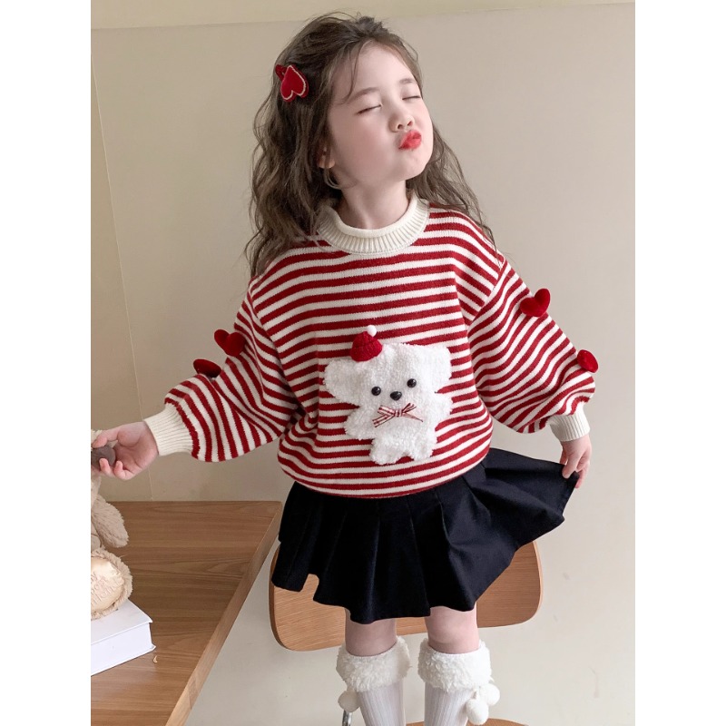 女童加厚毛衣秋冬季2025新款儿童针织内搭上衣洋气宝宝条纹打底衫