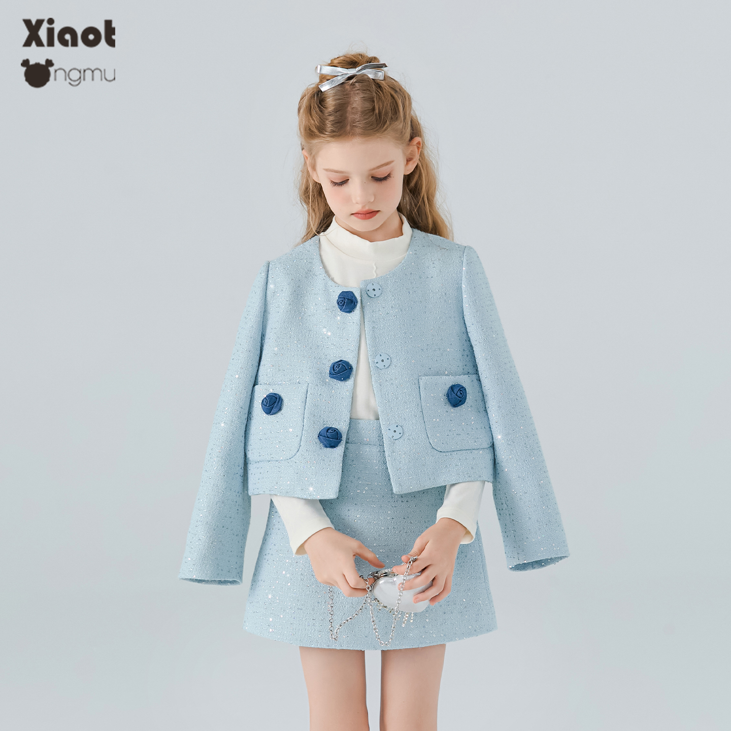 小童木 千金小香风女童套装秋装新款亮片刺绣中大童外套半身裙套