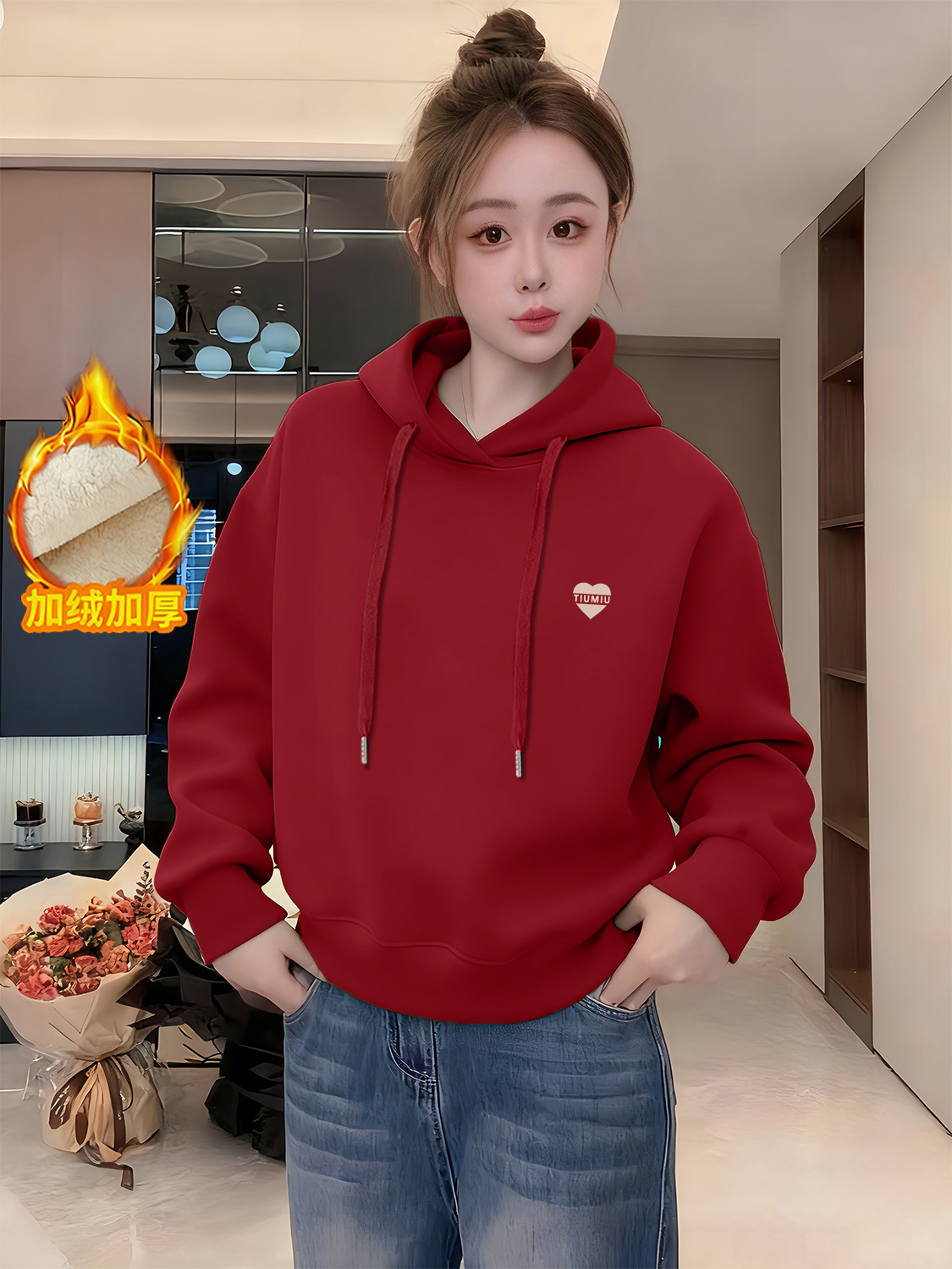 加绒加厚连帽秋冬季长袖卫衣女士休闲中年妈妈时套头减龄上衣外套