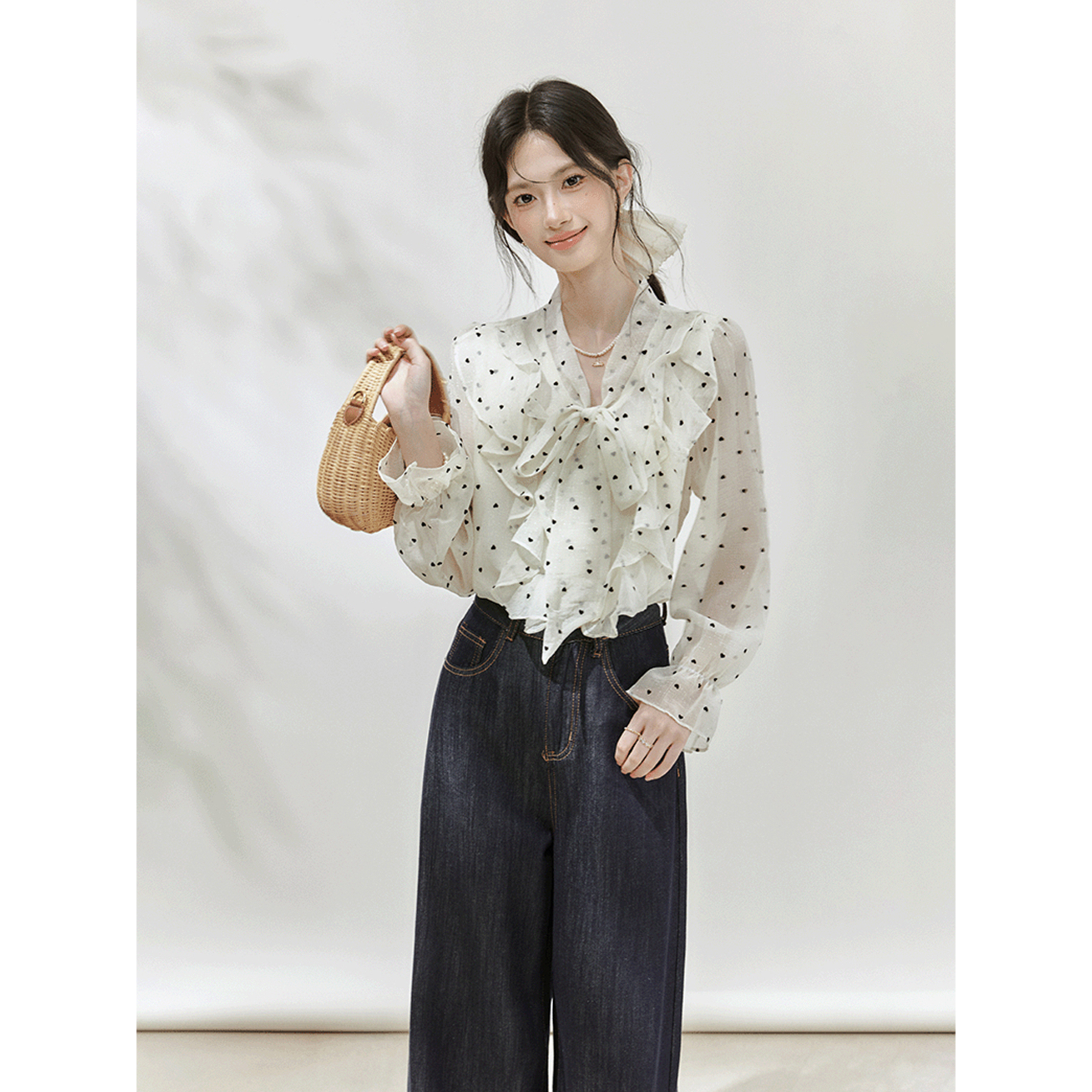 黑豆+《现货现发》荷叶边波点长袖衬衫衬衣秋季新款宽松蝴蝶结上衣