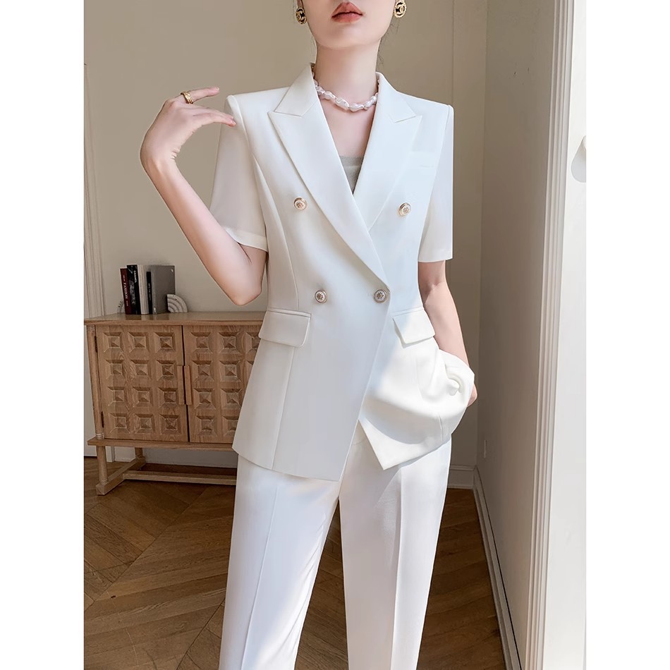 大码女装白色西装套装2025夏季薄款胖mm高级感职业正装短袖两件套