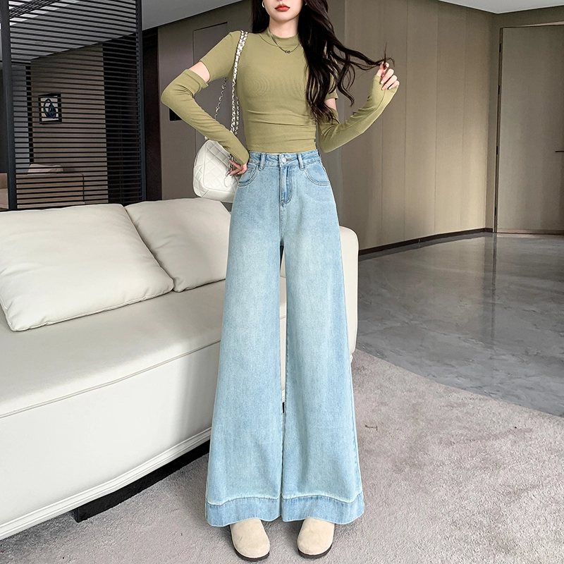 春季小个子高腰显瘦百搭宽松垂感牛仔拖地裤