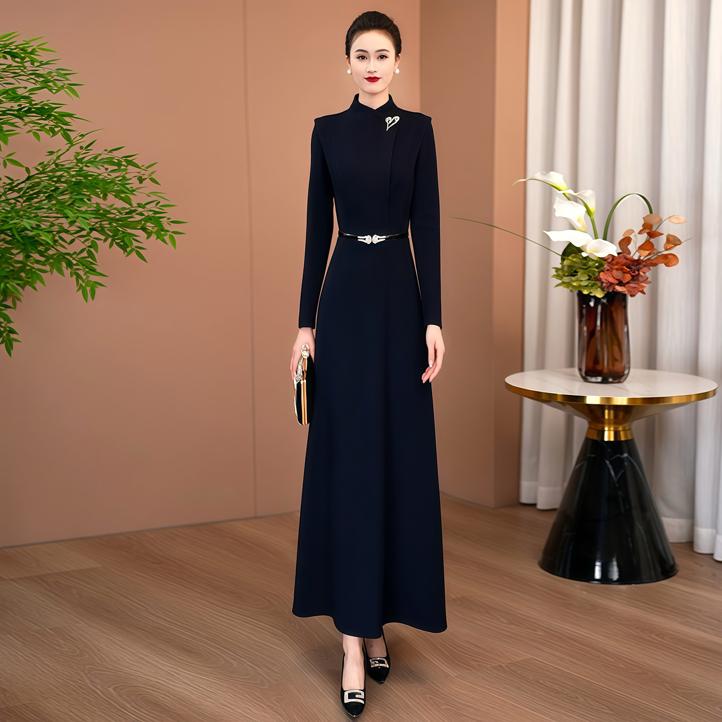 藏蓝秋冬加厚女连衣裙2025年轻奢高级感修身名媛优雅显瘦长裙104