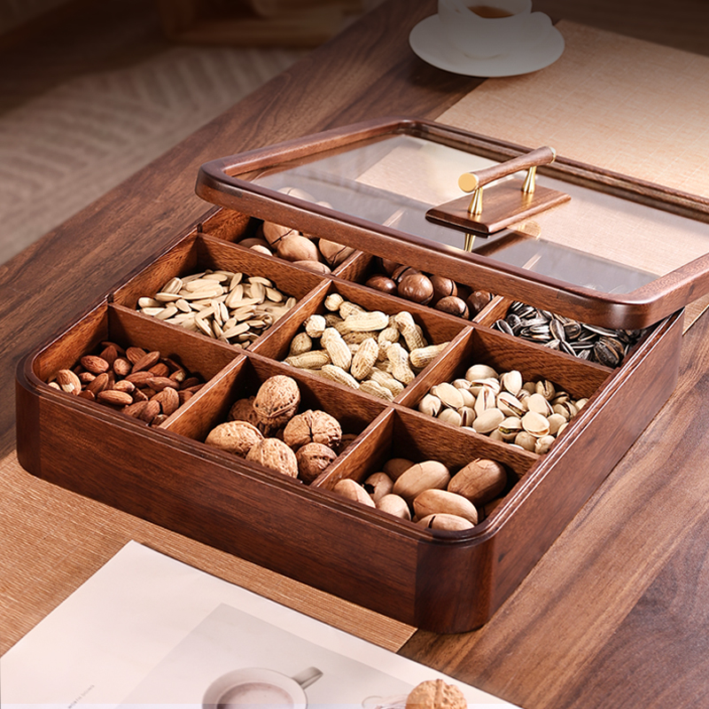 2025新款九宫格零食收纳盒实木中式家用客厅高档轻奢糖果盒干果盘