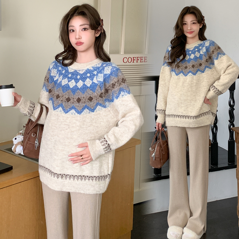 孕妇上衣2026新款秋加厚宽松慵懒风撞色套头圆领毛衣外穿孕妇装