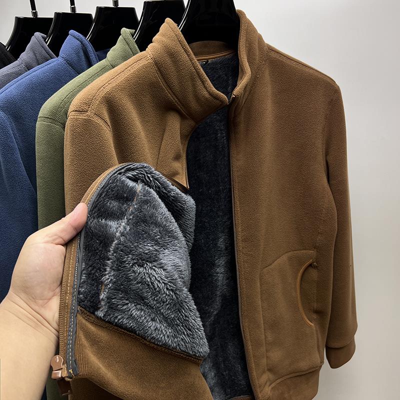 灏吉弧抓绒衣男加绒加厚开衫厚棉T秋冬季保暖立领外套男夹克