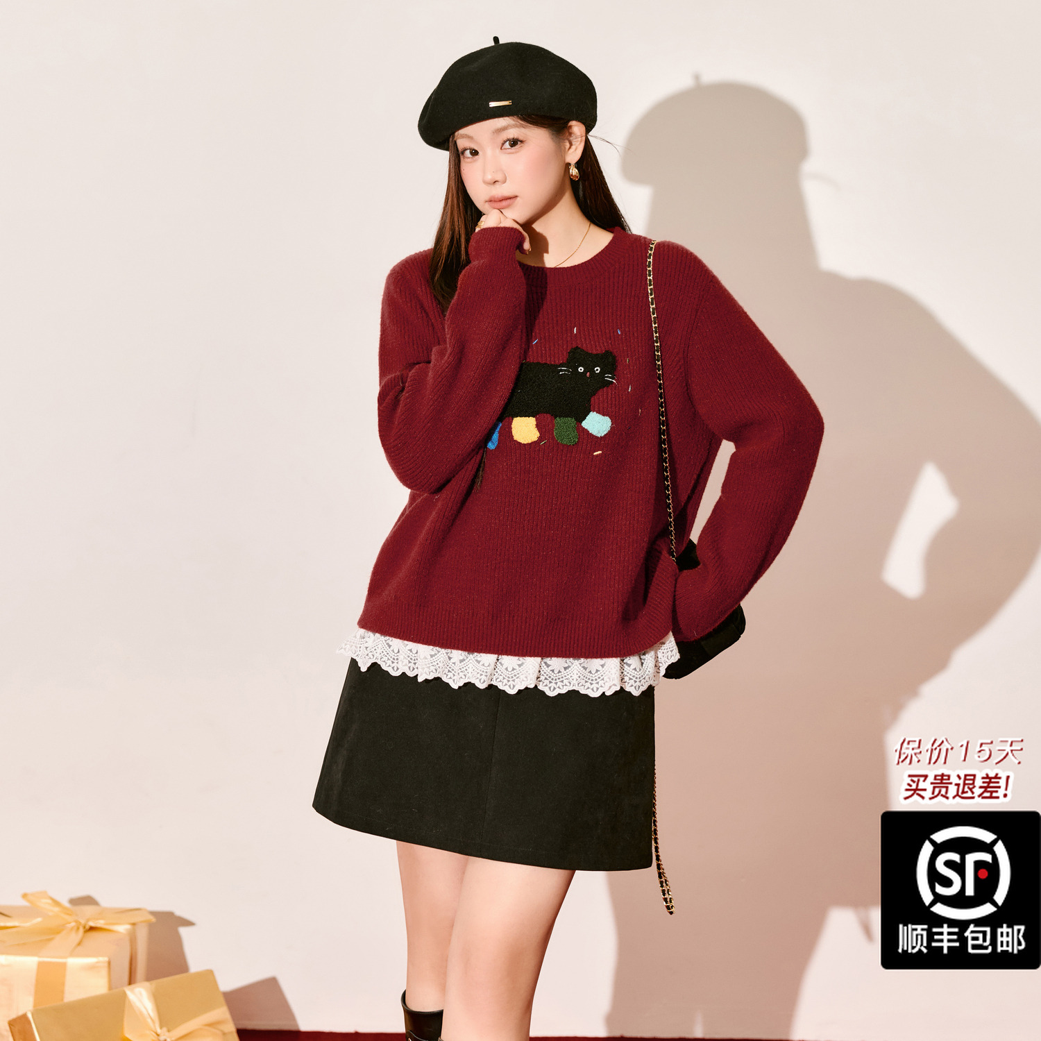 蓝语大码小猫刺绣红色毛衣女冬季宽松显瘦软糯针织衫保暖内搭上衣