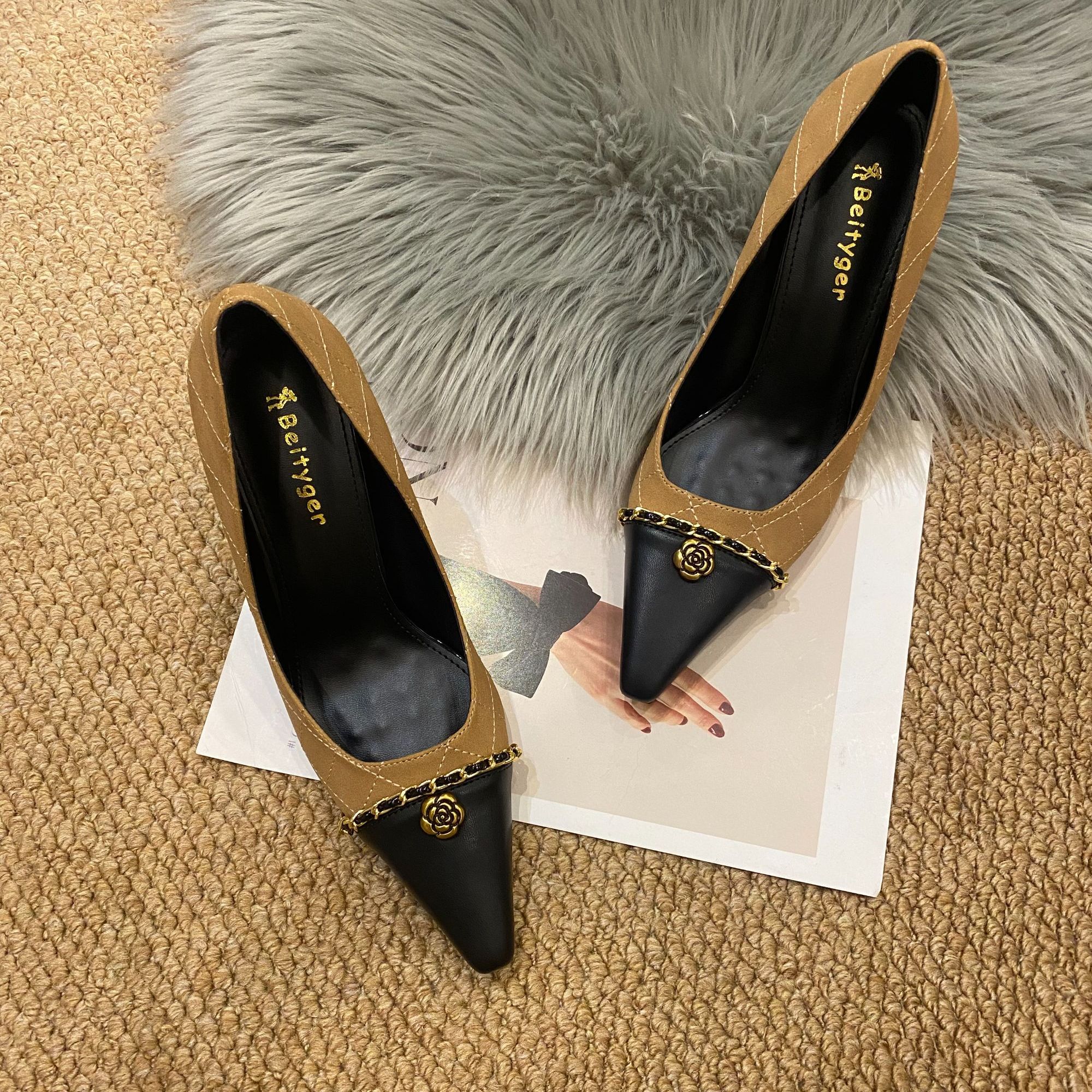 小香风2025秋冬新款山茶花方头裸色高跟鞋细跟单鞋女气质女鞋