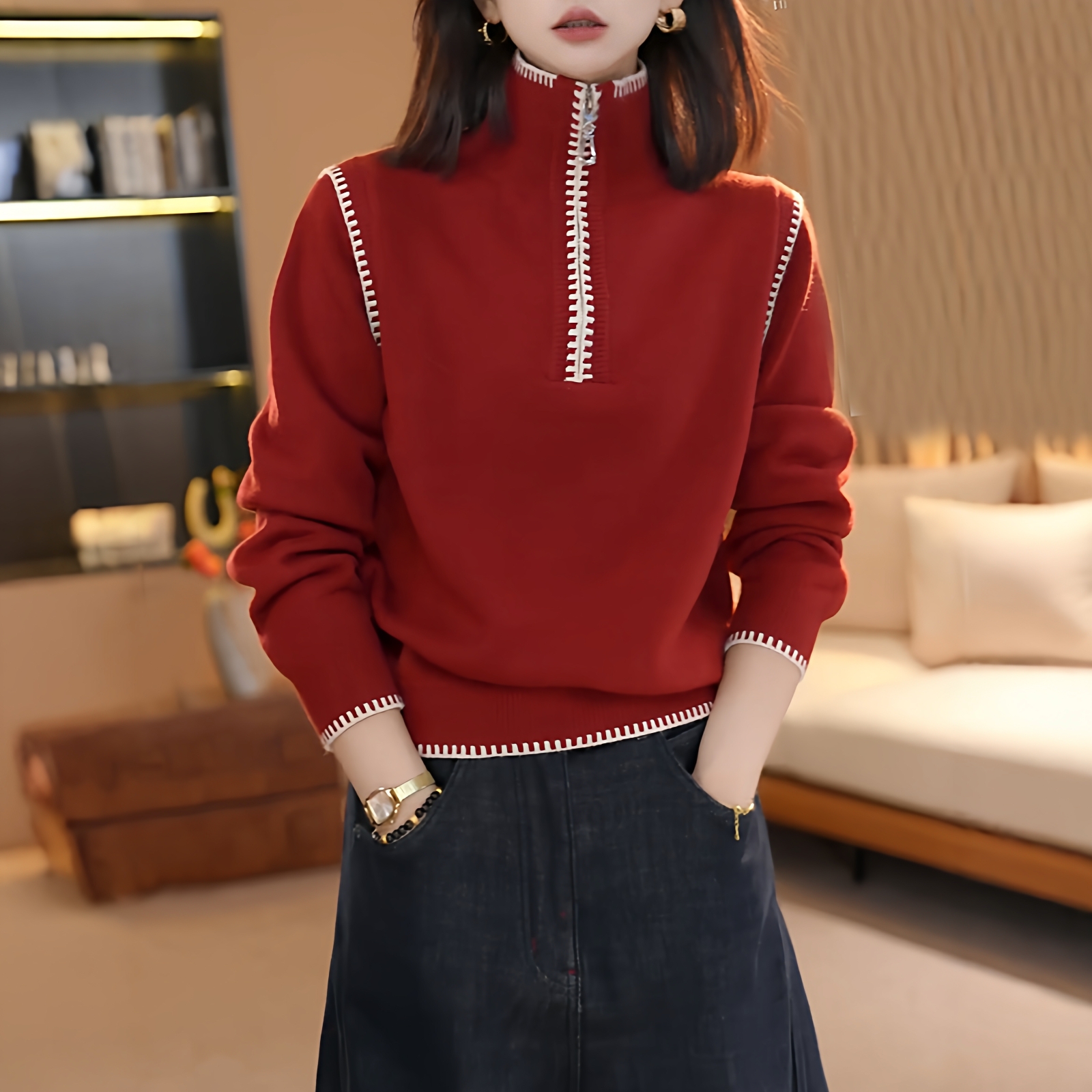 设计感红色半拉链立领长袖针织衫女秋冬新款慵懒显瘦百搭气质上衣