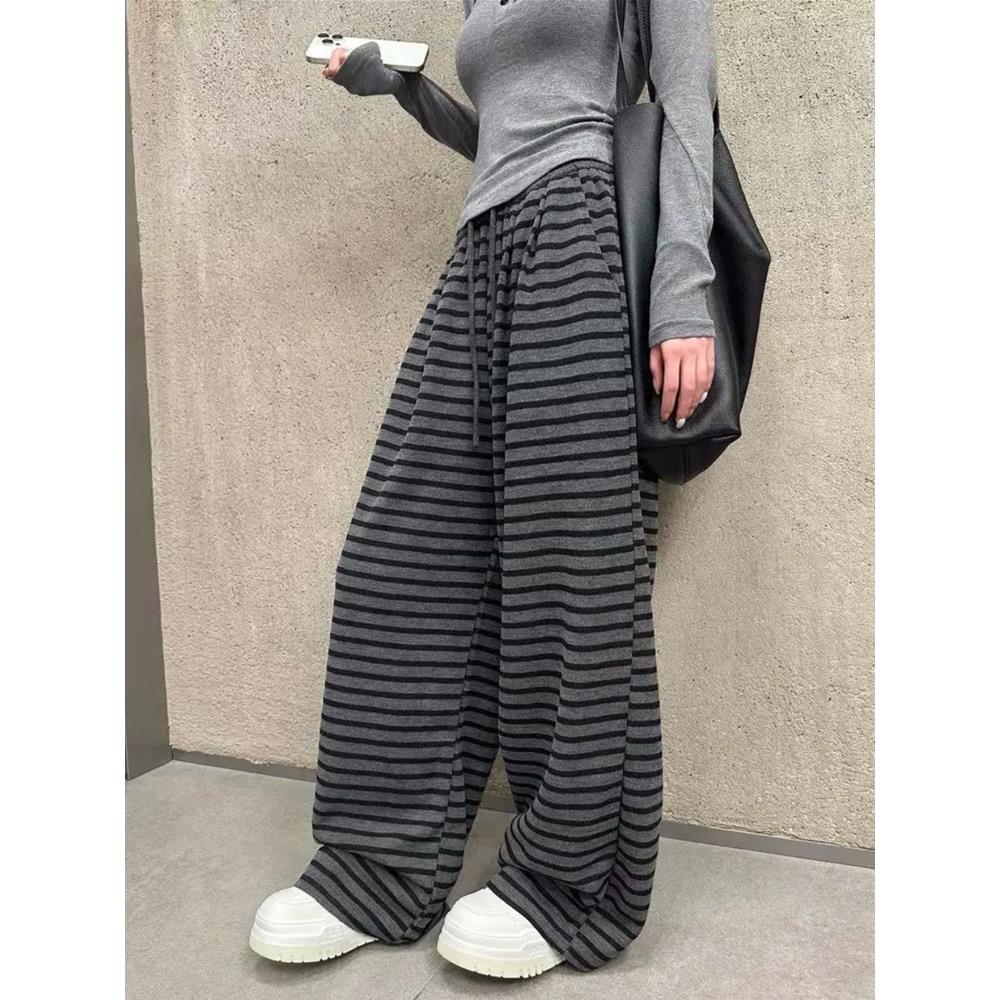 复古慵懒风条纹阔腿裤女春秋新款宽松显瘦休闲直筒百搭拖地长裤子