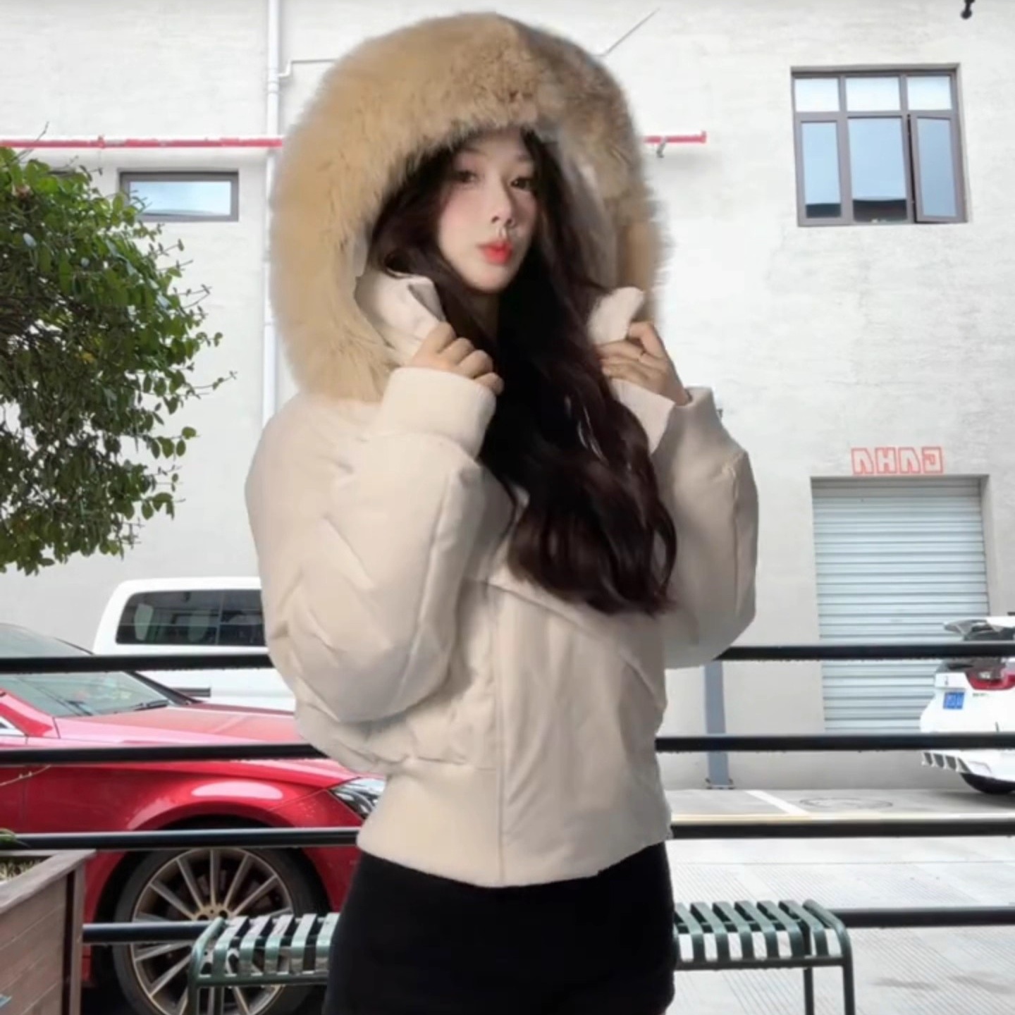 美式白色毛领拼接连帽百搭棉服外套女冬季加厚面包服短款棉衣棉袄