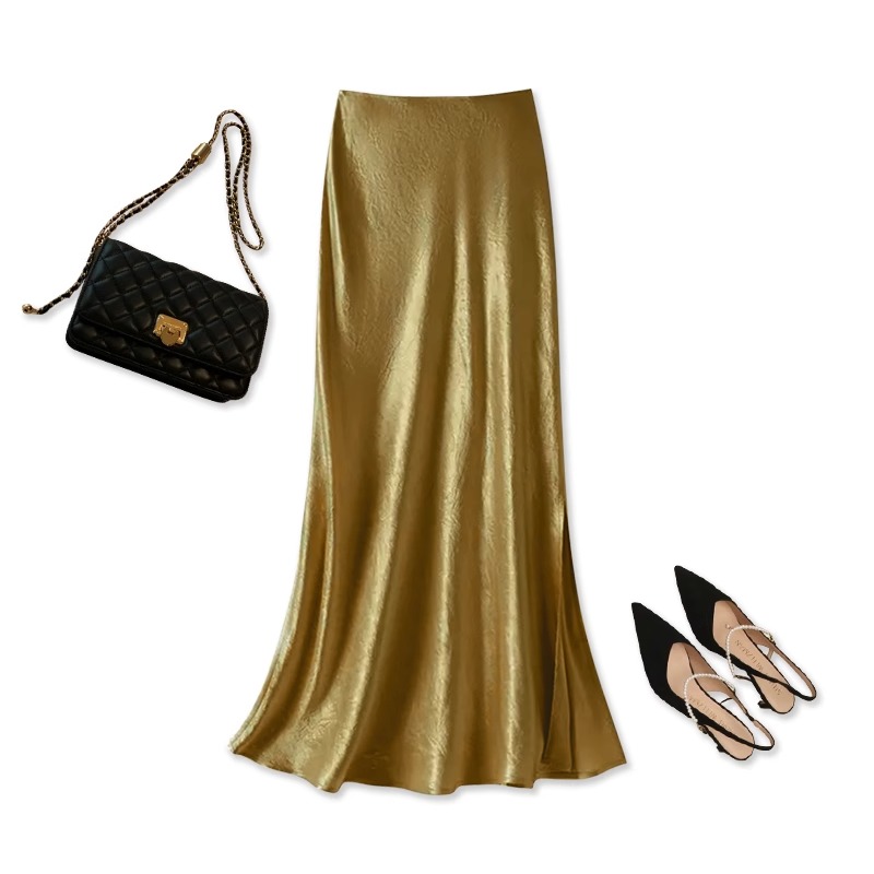 拉夏贝尔半身长裙女2025夏季缎面醋酸裙子高腰显瘦一步包臀鱼尾裙