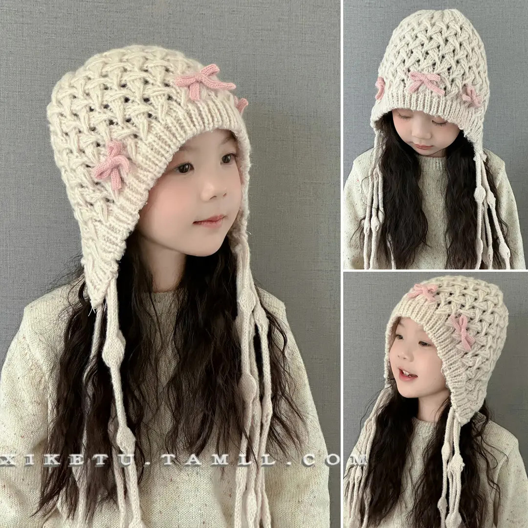 女童帽子秋冬季女宝宝蝴蝶结流苏护耳帽洋气时尚镂空针织毛线帽薄