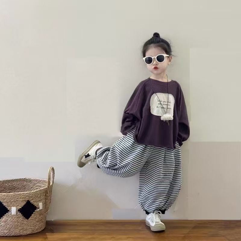 2025女童秋装洋气女卫衣条纹阔腿束脚裤两件套穿搭潮公主风韩版宽