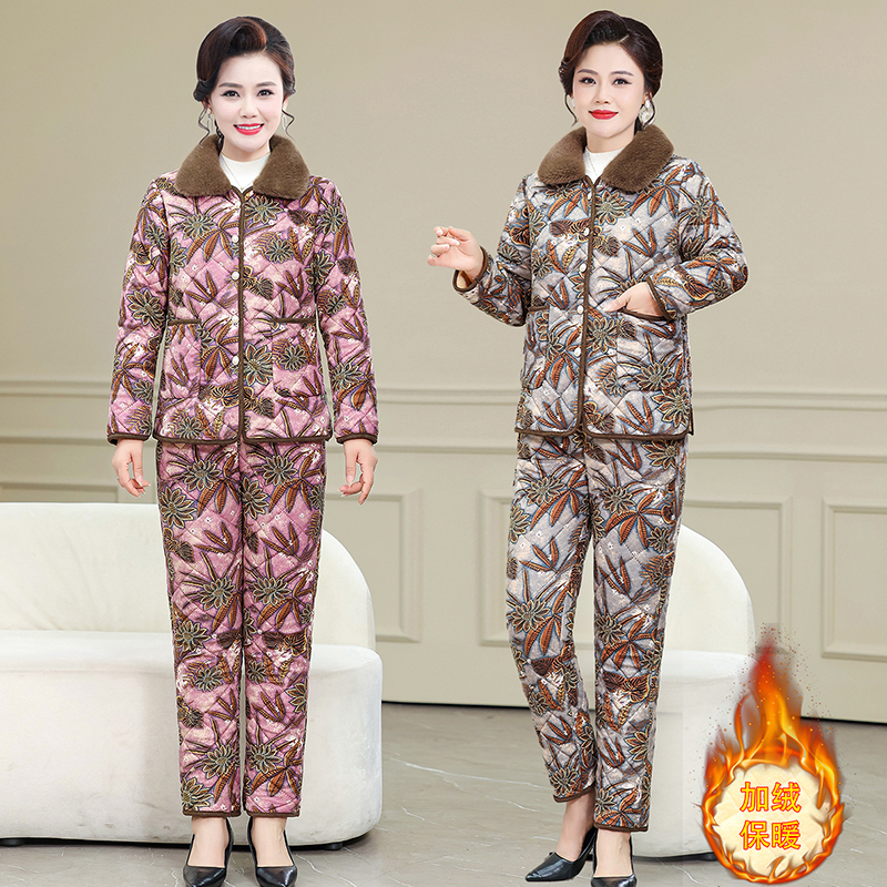 冬季新款中老年棉衣妈妈装加绒加厚棉袄保暖套装棉服棉裤两件套