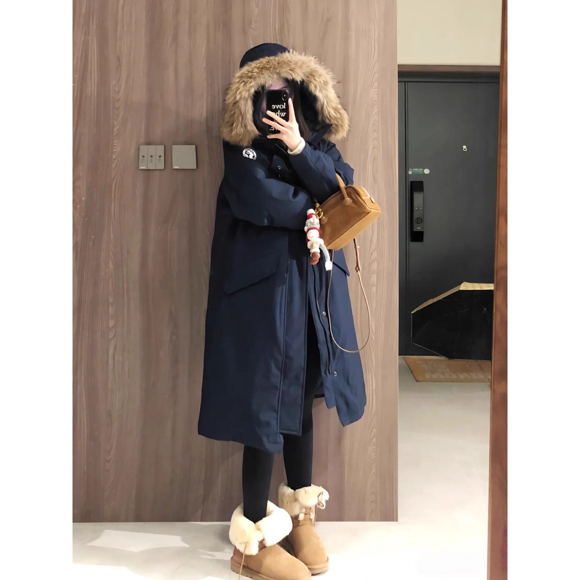 美式复古长款大毛领羽绒棉服女2025年冬季新款加厚棉衣派克服裤子