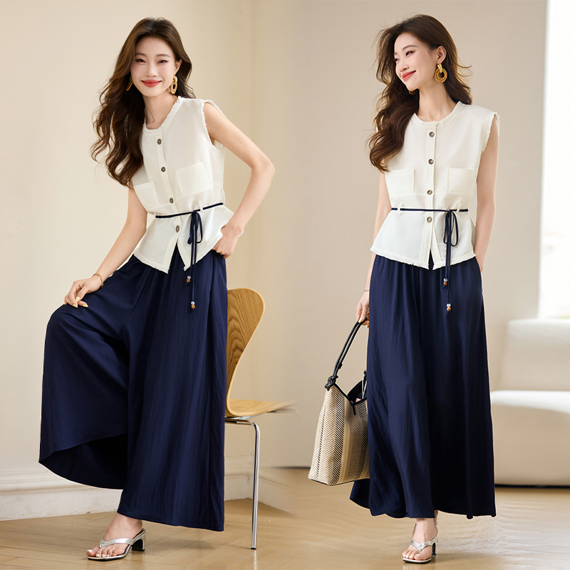 新款洋气时尚双口袋单排扣腰带气质款老钱风大版阔腿裤套装女夏季