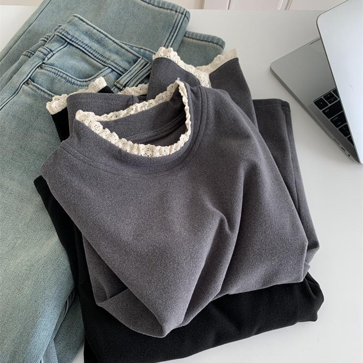 胖MM大码蕾丝花边长袖拼接打底衫女秋冬德绒加厚内搭保暖T恤上衣