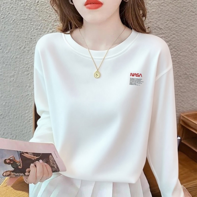 纯棉白色长袖t恤女正肩新款春秋冬宽松洋气加绒减龄打底衫上衣ins