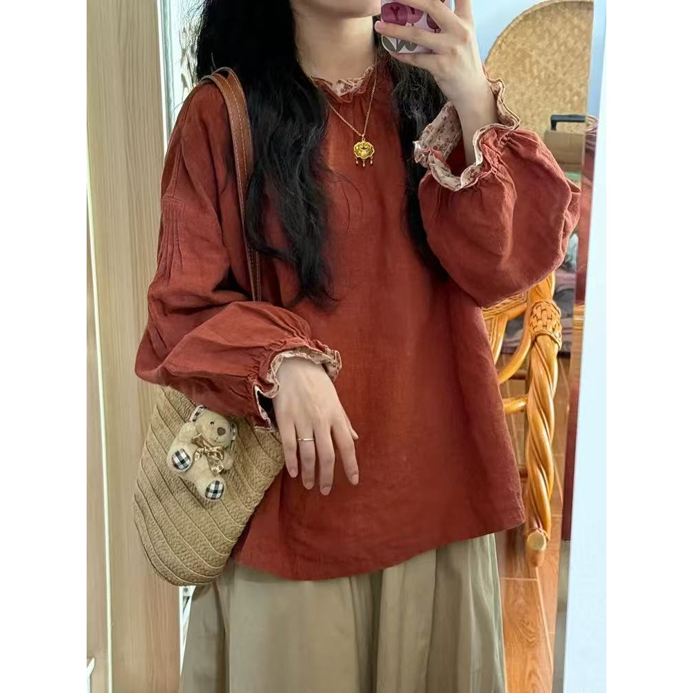 巨惊艳！暗橘色碎花拼接喇叭袖衬衫女森系复古高级感chic别致上衣