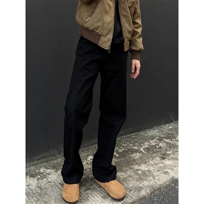 灏吉弧黑色加绒直筒弯刀牛仔裤男款美式高街裤子高腰显瘦微喇裤