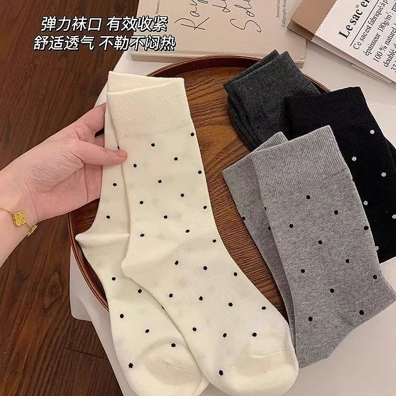 女秋冬ins袜子波点袜女秋冬纯色袜子浅色袜子奶白色堆堆袜中筒袜