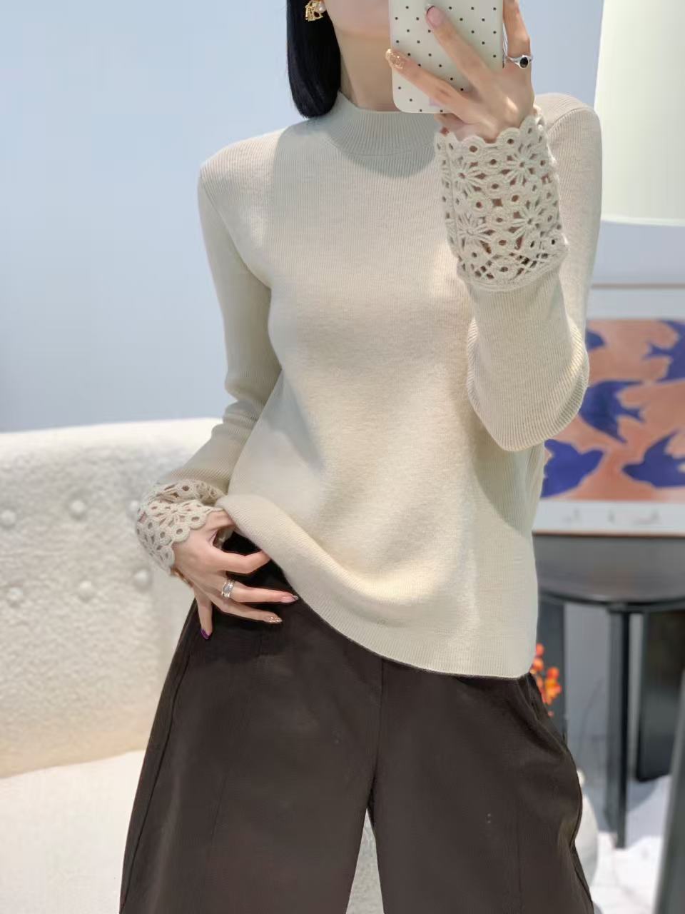 秋冬韩版钩花慵懒风女士圆领时尚减龄打底衫女FC195